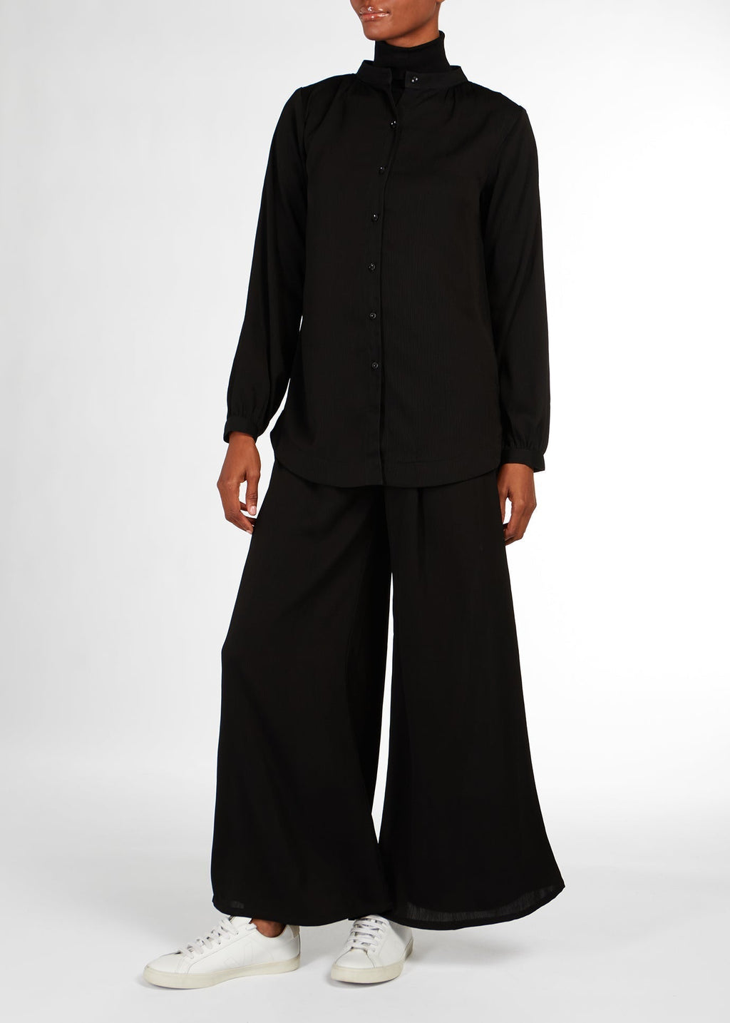 Cheesecloth Mandarin Midi Shirt Black