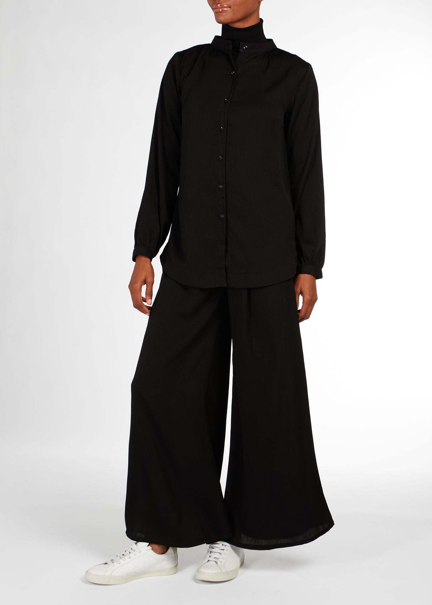 Cheesecloth Mandarin Midi Shirt Black